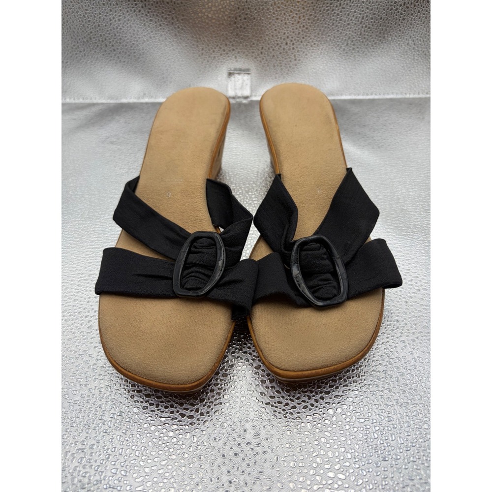 Made in Italy Black Fabric Buckle Cork Wedge Slide Sandals Womens 9